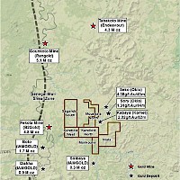 Kandiolé Property in relation to surrounding gold mines and gold deposits